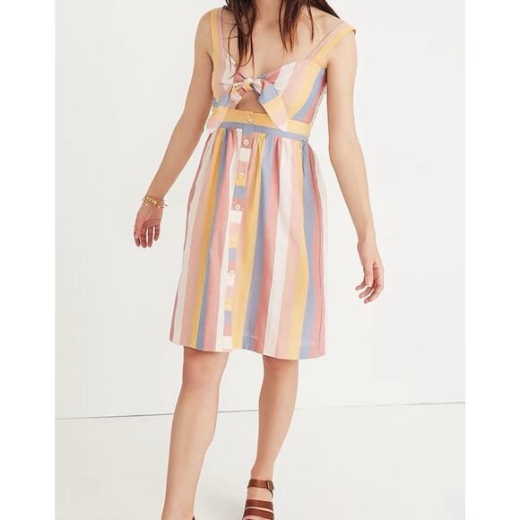 Madewell Women's Tie-Front Cutout Mini Dress in Sherbet Stripe Size 8 - Picture 1 of 6